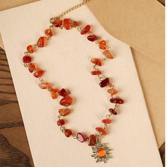 Natural stone amber color necklace faux stones with sublime style sunshine charm - Picture 1 of 2